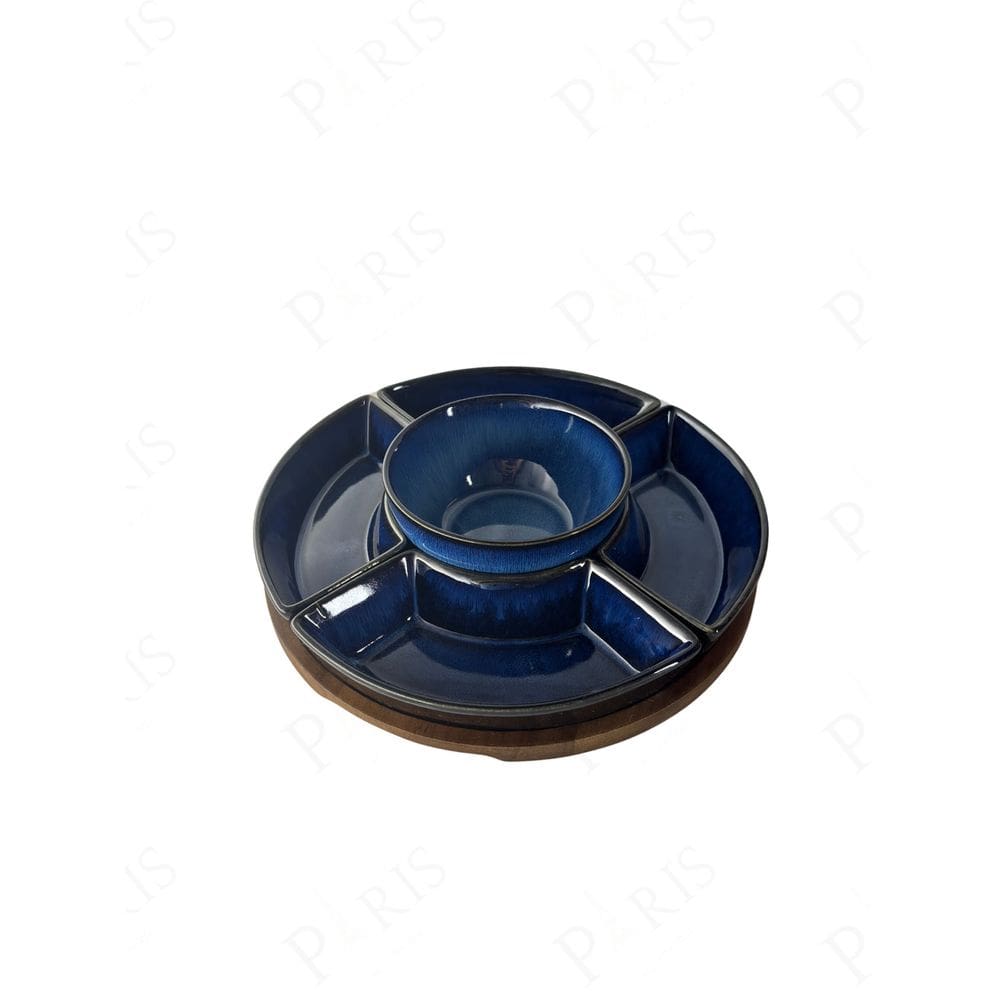 Petisqueira de Madeira com 5 Bowls de Cerâmica Azul UN0011 BTC