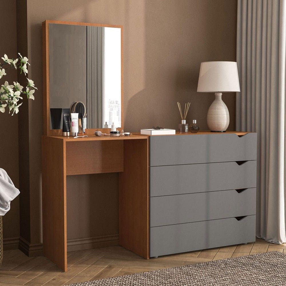 Cômoda Porto 4 Gavetas com Espelho Cinza/Freijó - Politorno
