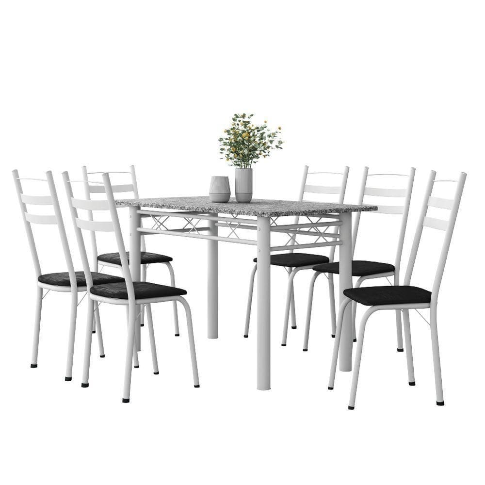 Conjunto De Mesa Sala De Jantar Leia Com 6 Cadeiras Tubular Granito 1,40m Artefamol Branco / Preto