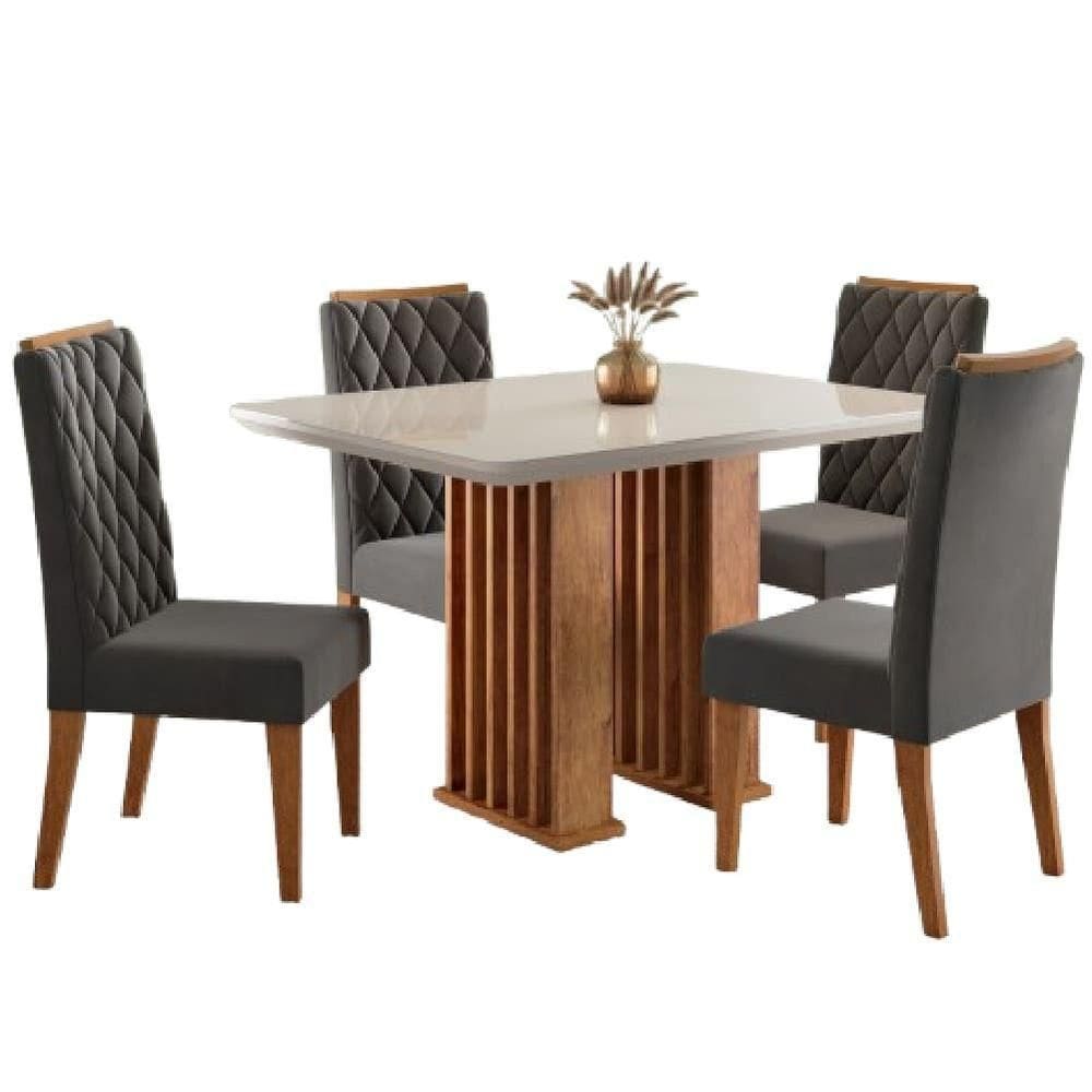 Conjunto De Mesa Sala De Jantar Tampo Com Vidro Mond 1,20m 4 Cadeiras Bele Veludo Viero Cinza