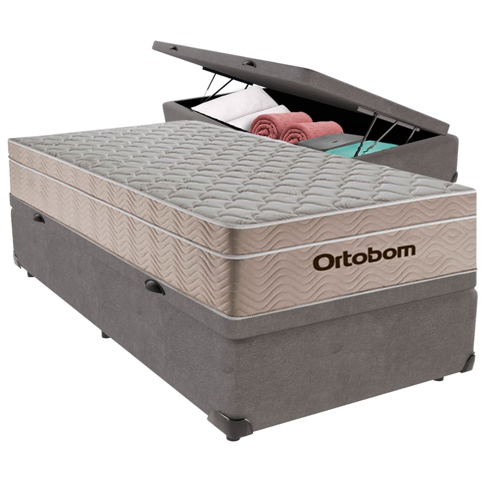 Cama Baú Solteiro Cinza+Colchão Airtech Molas Ortobom