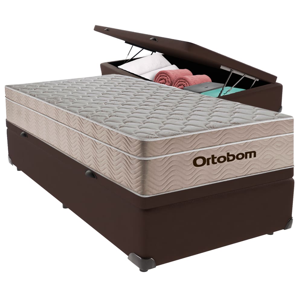 Cama Baú Solteiro Marrom+Colchão Airtech Molas Ortobom