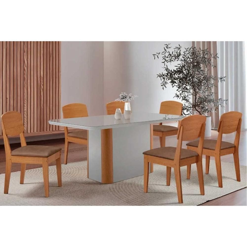 Sala de Jantar Completa Pietá c/ Tampo Madeirado c/ Vidro Canto Curvo 180x90cm e 6 Cadeiras Havana Naturale/Off White - Corano Capuccino - Rufato