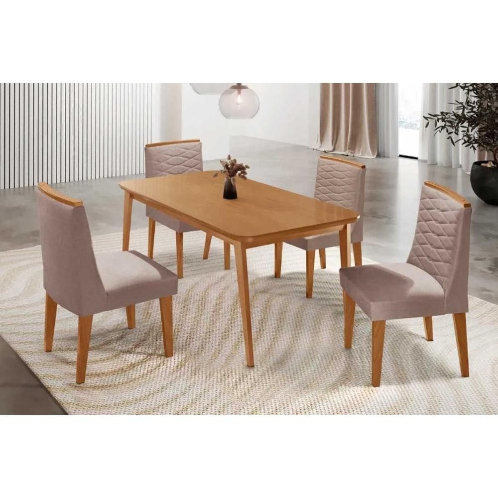 Sala de Jantar Completa Havana c/ Tampo Madeirado Canto Curvo 120x80cm e 4 Cadeiras Maldivas Naturale - Linho Capuccino - Rufato