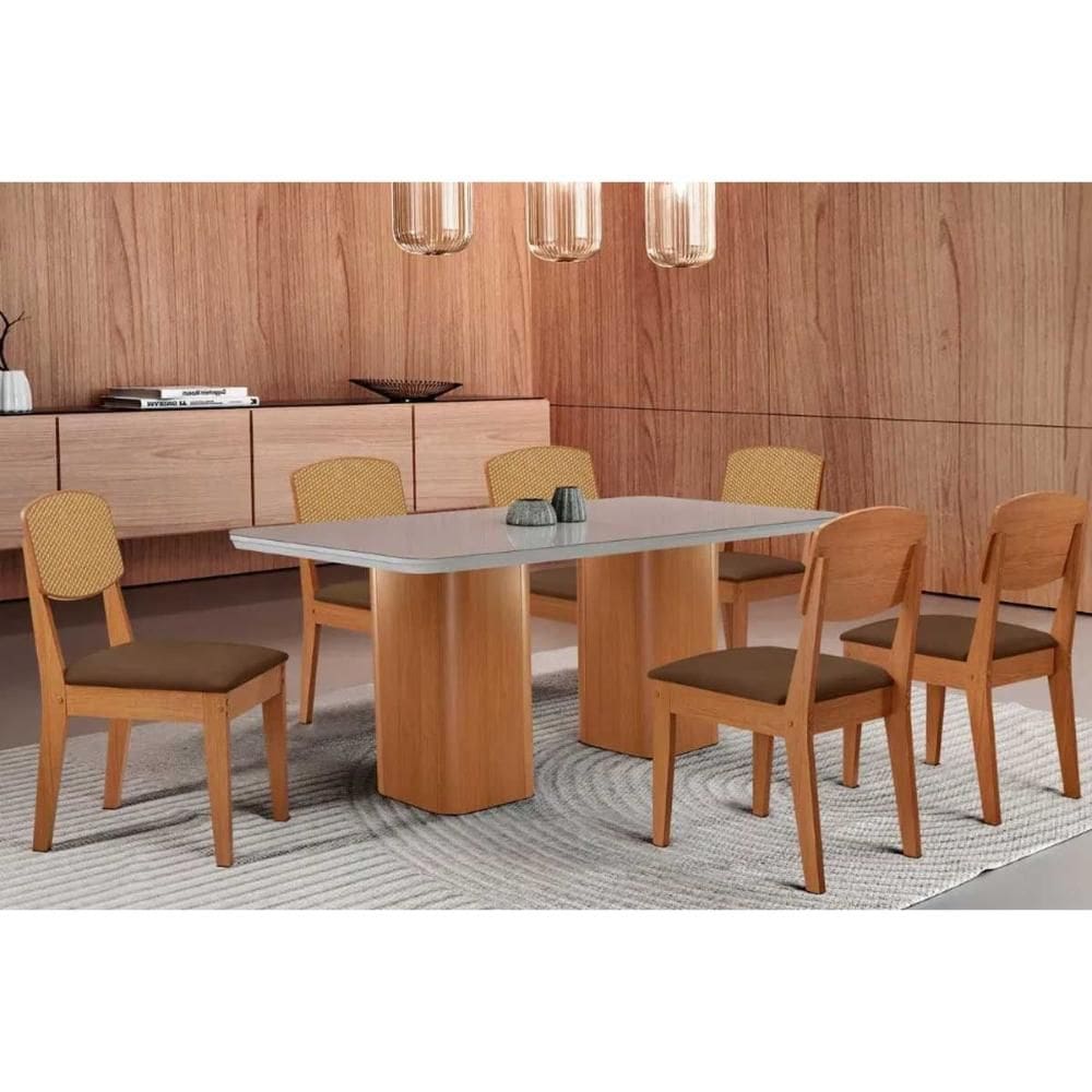 Conjunto Sala de Jantar Maldivas c/ Tampo Madeirado c/ Vidro Canto Curvo 180x90cm e 6 Cadeiras Havana Premium Naturale/Off White - Suede Marrom-Rufato