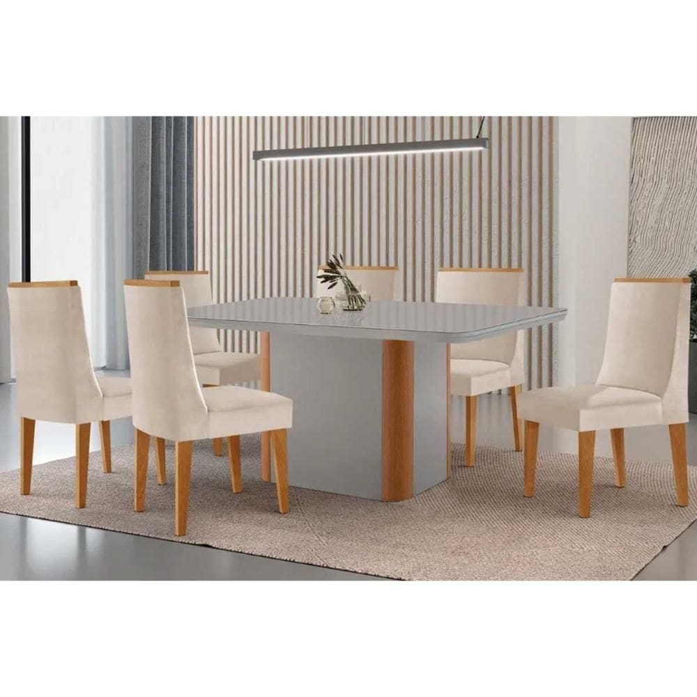 Conjunto Sala de Jantar Pietá c/ Tampo Madeirado c/ Vidro Canto Curvo 180x90cm e 6 Cadeiras Dakota Madeira Maciça Naturale/Off White - Capuccino/Suede