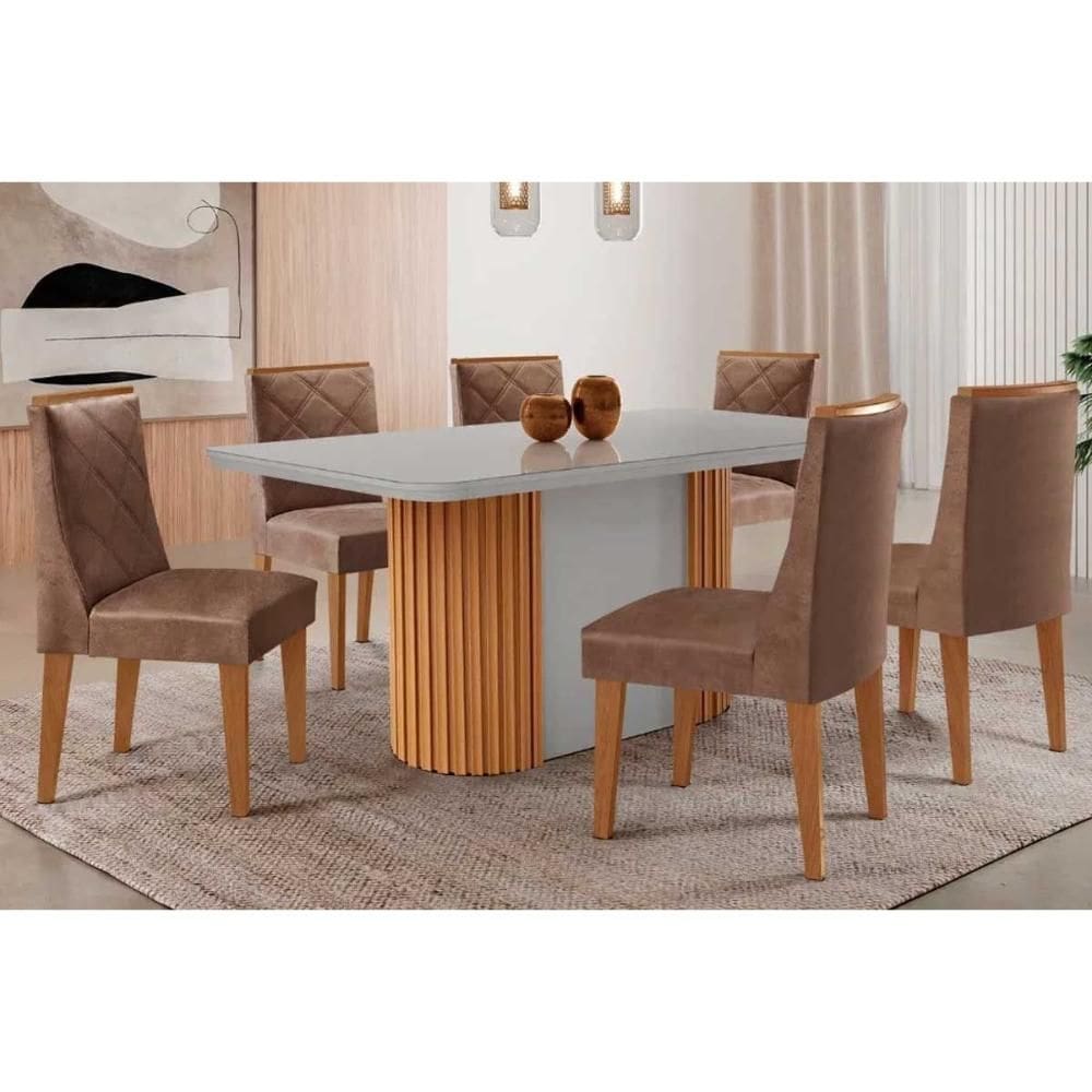 Sala de Jantar Completa Pilar c/ Tampo Madeirado c/ Vidro Canto Curvo 180x90cm e 6 Cadeiras Pietá Naturale/Off White - Corano Capuccino - Rufato