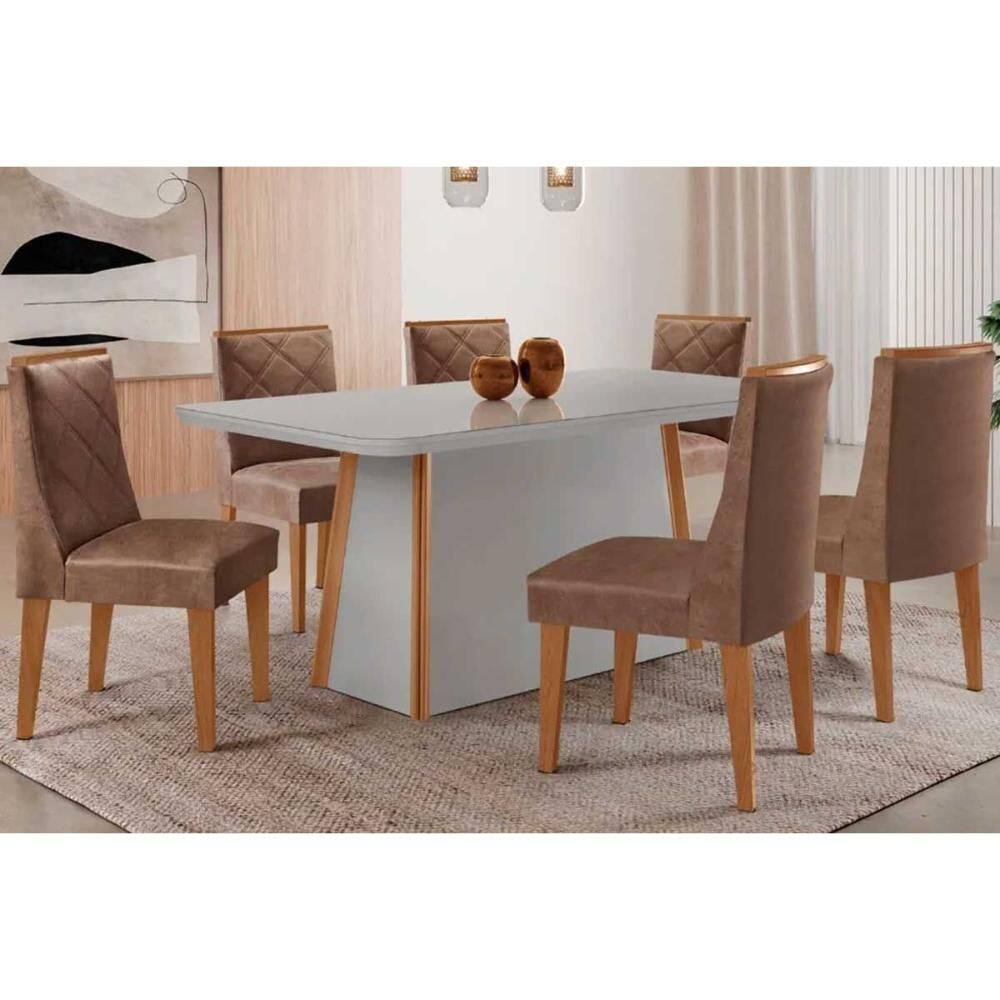 Conjunto Sala de Jantar Tilia c/ Tampo Madeirado c/ Vidro Canto Curvo 180x90cm e 6 Cadeiras Pietá Madeira Maciça Naturale/Off White - Capuccino/Corano