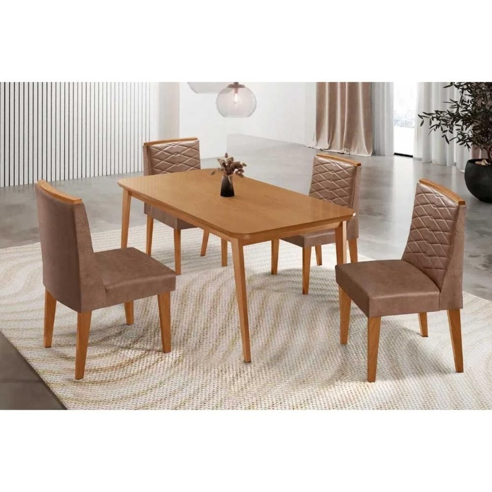 Sala de Jantar Completa Havana c/ Tampo Madeirado Canto Curvo 120x80cm e 4 Cadeiras Maldivas Naturale - Corano Capuccino - Rufato