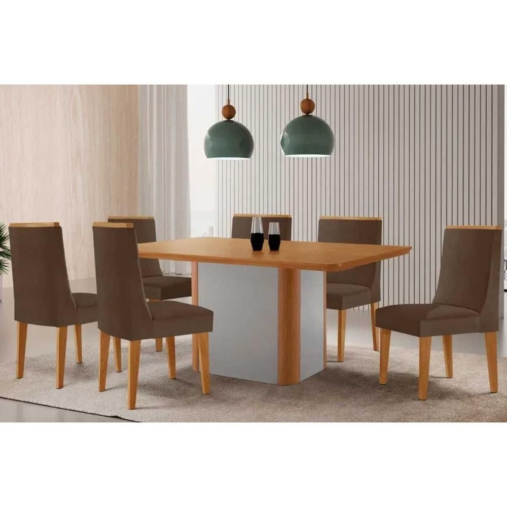 Sala de Jantar Completa Pietá c/ Tampo Madeirado Canto Curvo 180x90cm e 6 Cadeiras Dakota Naturale/Off White - Suede Marrom - Rufato
