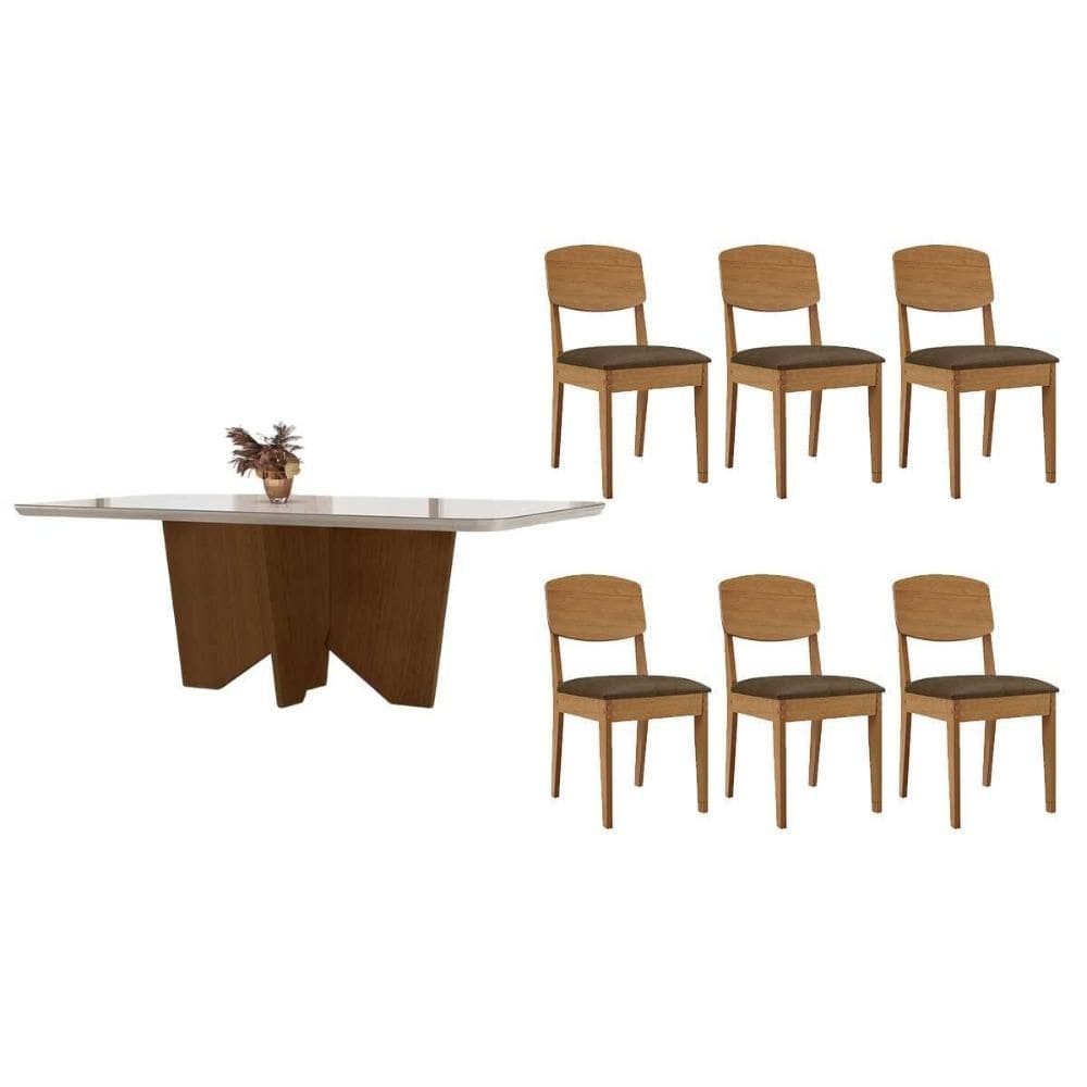 Sala de Jantar Completa Nevada c/ Tampo Madeirado c/ Vidro Canto Curvo 180x90cm e 6 Cadeiras Havana Naturale/Off White - Suede Marrom - Rufato