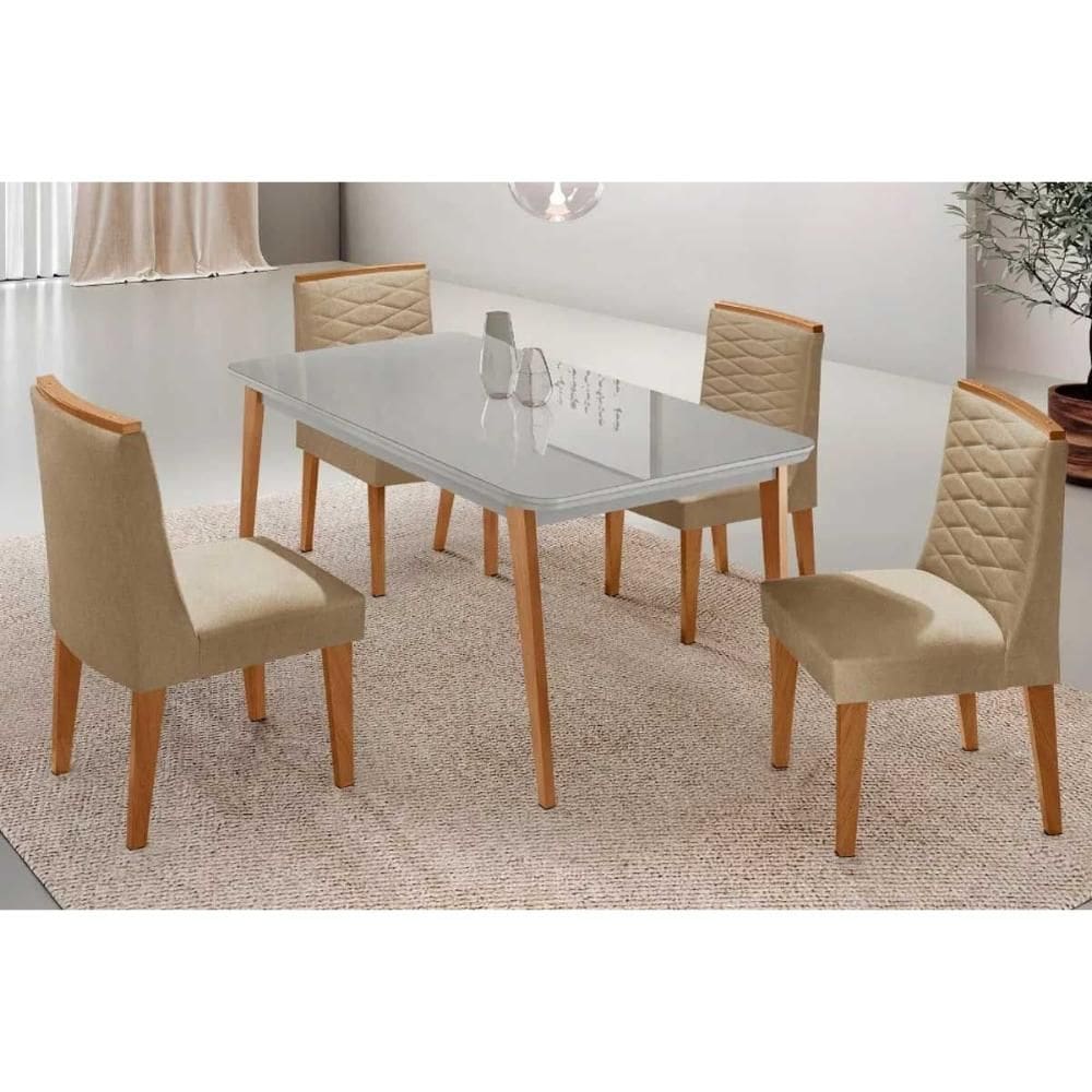 Sala de Jantar Completa Havana c/ Tampo Madeirado c/ Vidro Canto Curvo 120x80cm e 4 Cadeiras Maldivas Naturale/Off White - Linho Bege - Rufato