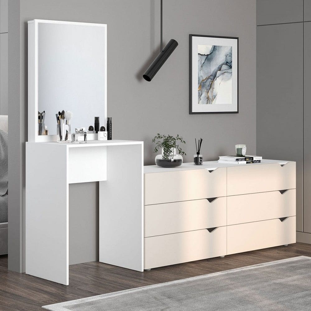 Cômoda Porto 6 Gavetas com Espelho Creme/Branco - Politorno