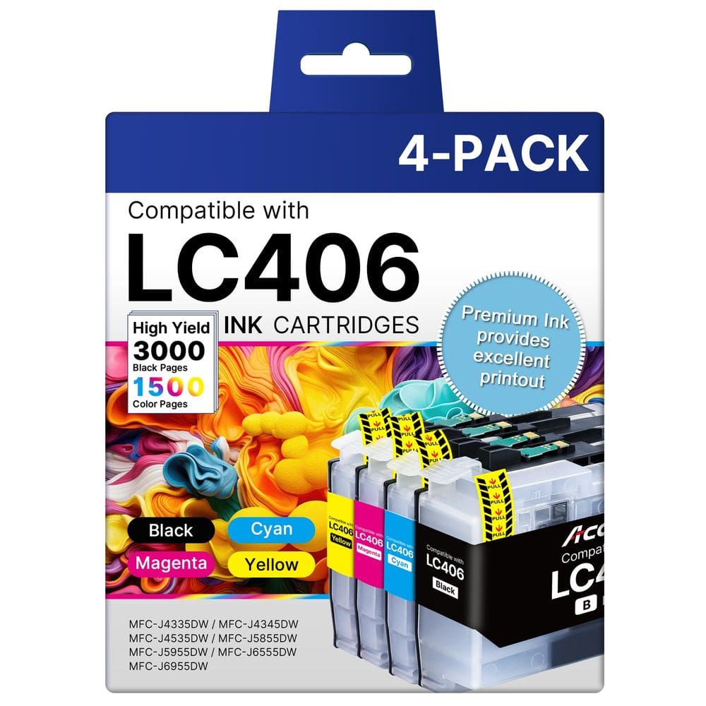Cartuchos de tinta Acaves LC406XL para impressora Brother, pacote com 4