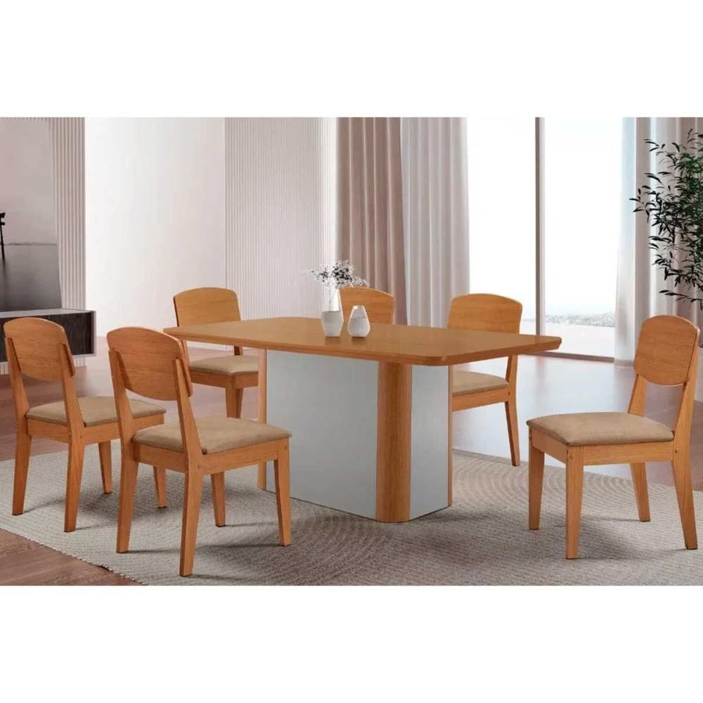 Sala de Jantar Completa Pietá c/ Tampo Madeirado Canto Curvo 180x90cm e 6 Cadeiras Havana Naturale/Off White - Linho Bege - Rufato