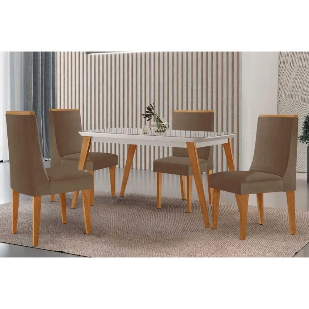 Sala de Jantar Completa Havana c/ Tampo Madeirado c/ Vidro Canto Curvo 120x80cm e 4 Cadeiras Dakota Naturale/Off White - Suede Capuccino - Rufato