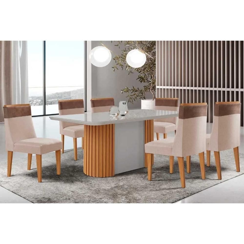 Sala de Jantar Completa Pilar c/ Tampo Madeirado c/ Vidro Canto Curvo 180x90cm e 6 Cadeiras Jaspe Naturale/Off White - Suede Creme - Rufato