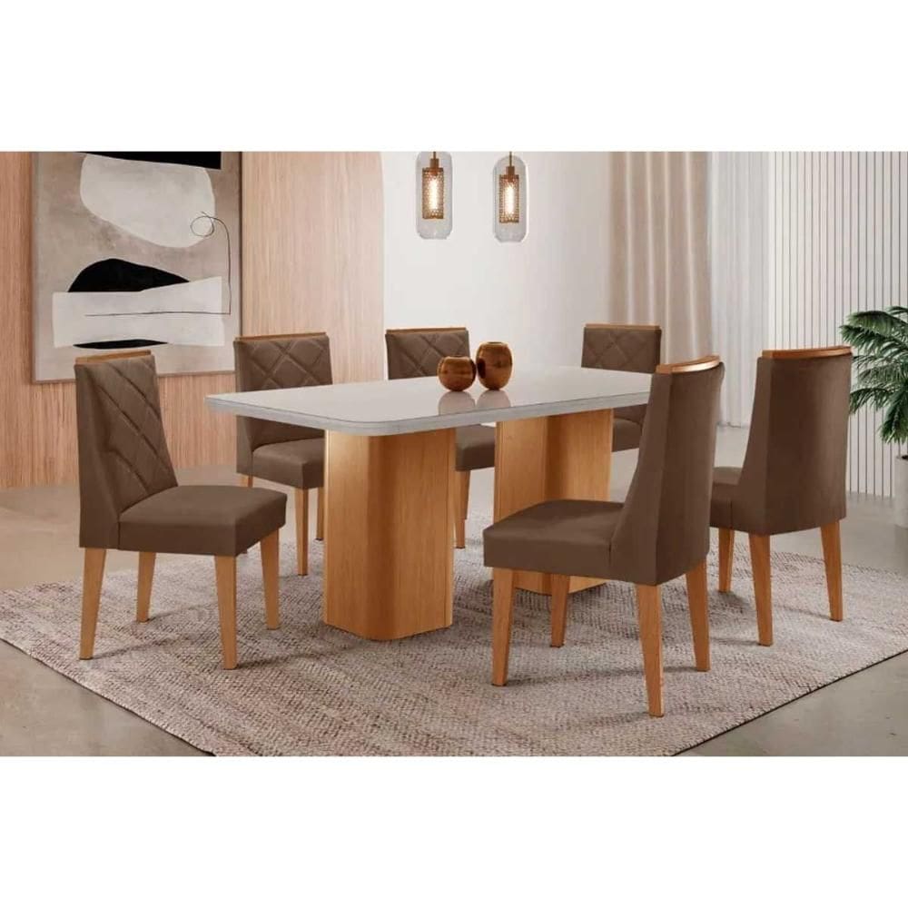 Sala de Jantar Completa Maldivas c/ Tampo Madeirado c/ Vidro Canto Curvo 180x90cm e 6 Cadeiras Pietá Naturale/Off White - Suede Marrom - Rufato