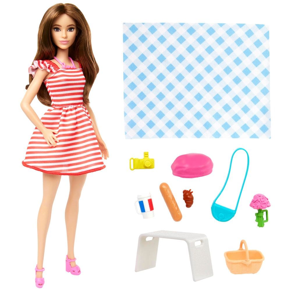 Conjunto de piquenique Barbie Parisian Pink Passport com boneca morena