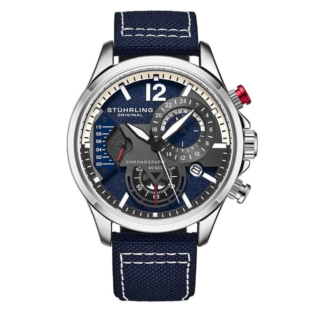 Relgio Stuhrling Cordura 908 Aviador 45mm Azul e Prata, Pulseira de Couro Azul e Fivela de Prata