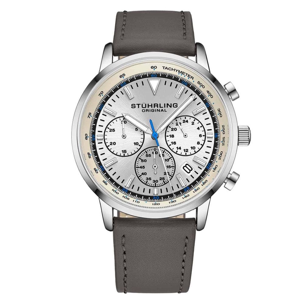 Relgio Stuhrling Crongrafo 44mm Prateado c/ Pulseira de Couro Cinza e Fivela Prata