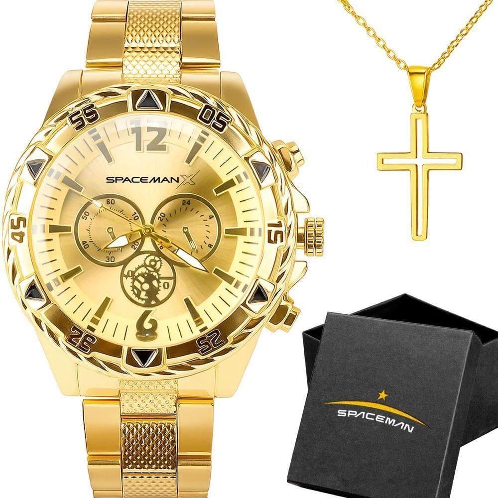 Relogio Dourado Masculino Inox Aço + Pulseira Silicone Banhado Pesado Resistente Religioso Crucifixo