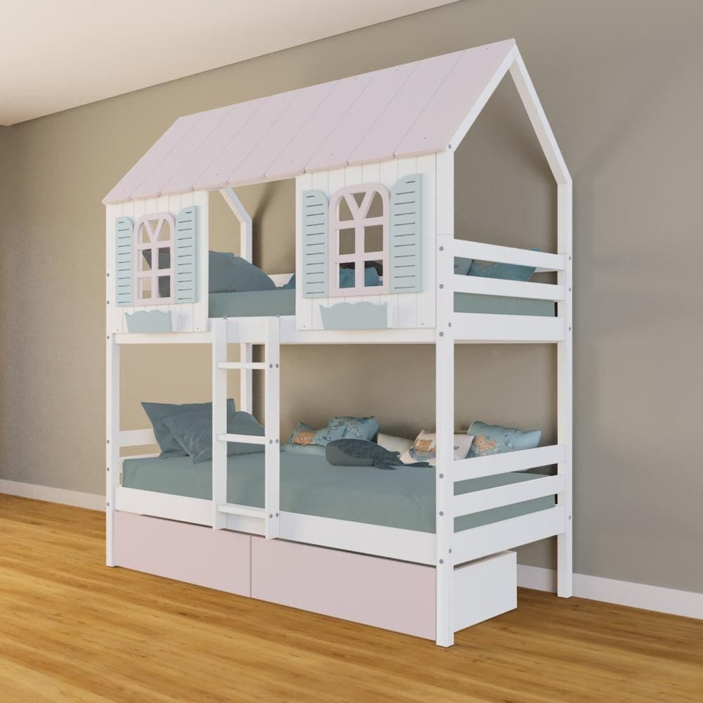 Beliche Casinha Bela com 2 Gavetas Rosa - Madeira Maciça Branco/Rosa/Verde | Housin