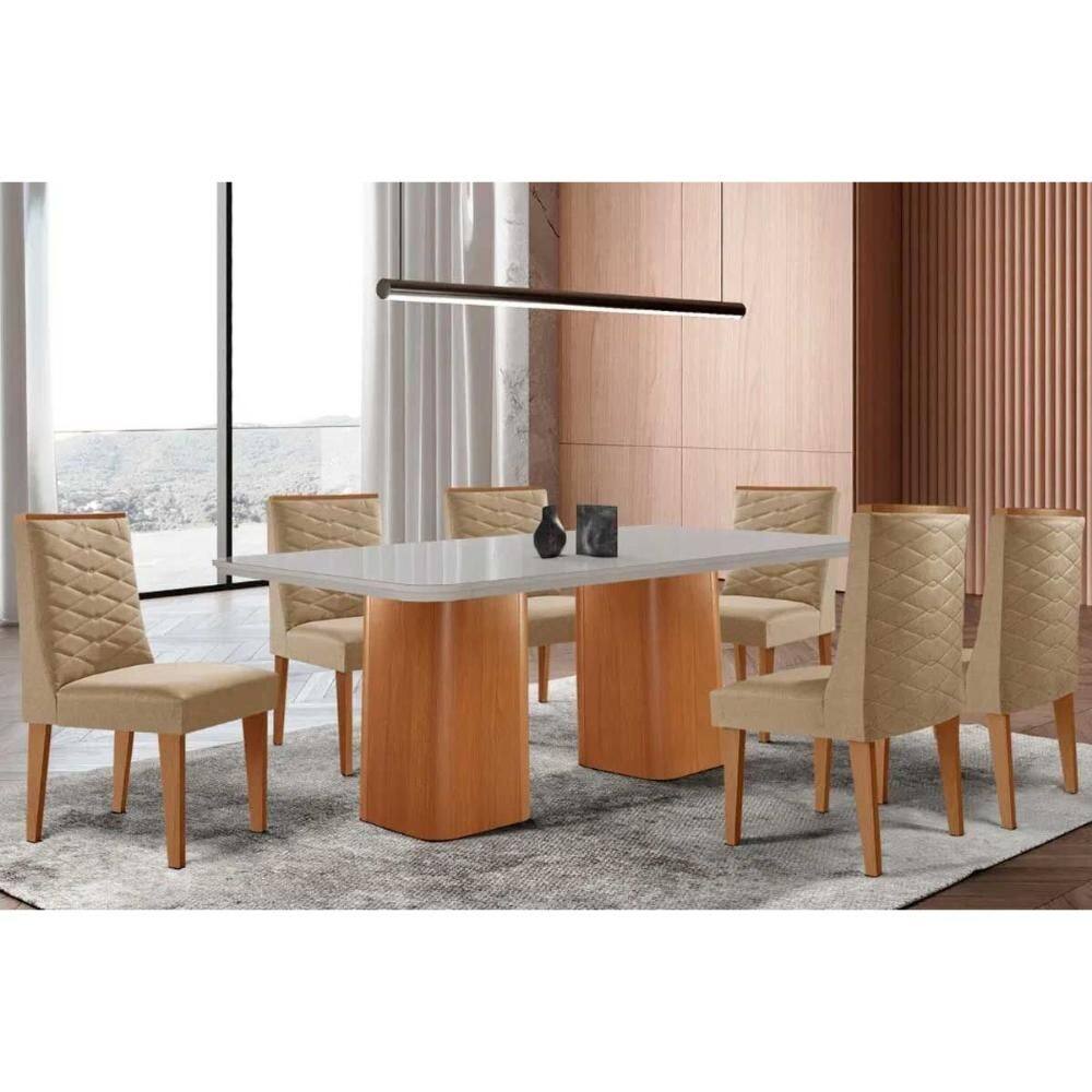 Sala de Jantar Completa Maldivas c/ Tampo Madeirado c/ Vidro Canto Curvo 180x90cm e 6 Cadeiras Dafne Naturale/Off White - Linho Bege - Rufato