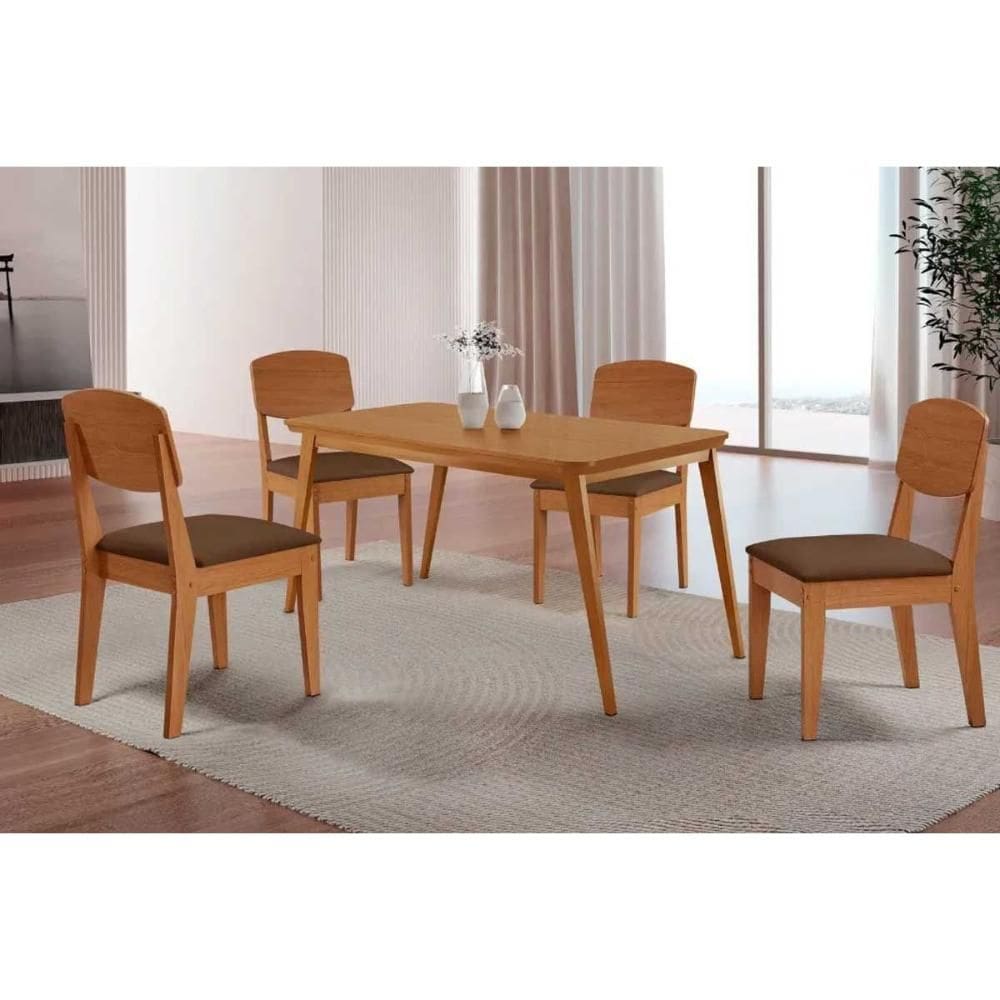 Sala de Jantar Completa Havana c/ Tampo Madeirado Canto Curvo 120x80cm e 4 Cadeiras Havana Naturale - Suede Marrom - Rufato