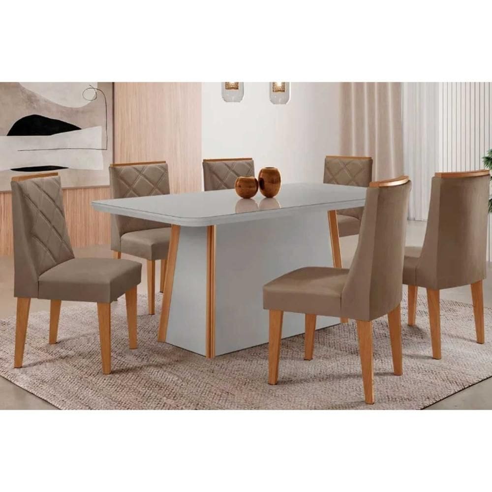 Conjunto Sala de Jantar Tilia c/ Tampo Madeirado c/ Vidro Canto Curvo 180x90cm e 6 Cadeiras Pietá Madeira Maciça Naturale/Off White - Capuccino/Suede