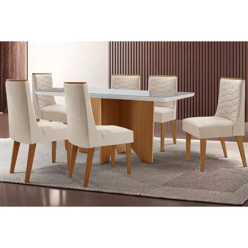 Sala de Jantar Completa Nevada c/ Tampo Madeirado c/ Vidro Canto Curvo 180x90cm e 6 Cadeiras Maldivas Naturale/Off White - Suede Creme - Rufato