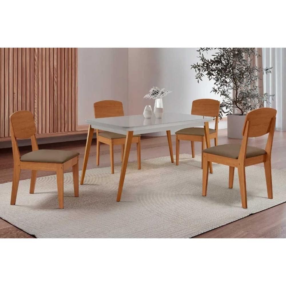 Sala de Jantar Completa Havana c/ Tampo Madeirado c/ Vidro Canto Curvo 120x80cm e 4 Cadeiras Havana Naturale/Off White - Suede Capuccino - Rufato