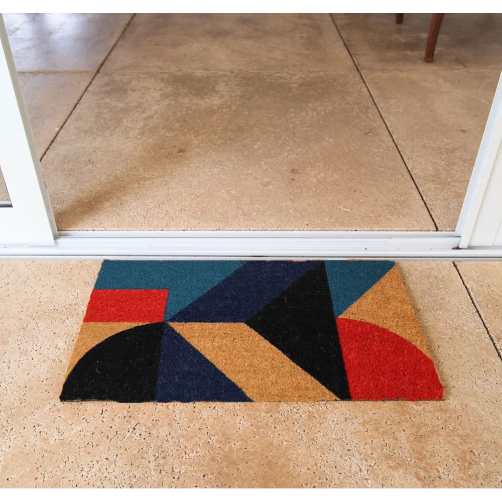 Capacho Retangular Fibra De Coco Base PVC 60x33cm - Komeco - Geométrico Azul e Vermelho