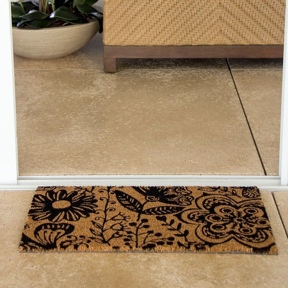 Capacho Retangular Fibra De Coco Base PVC 60x33cm - Komeco - Floral Preto