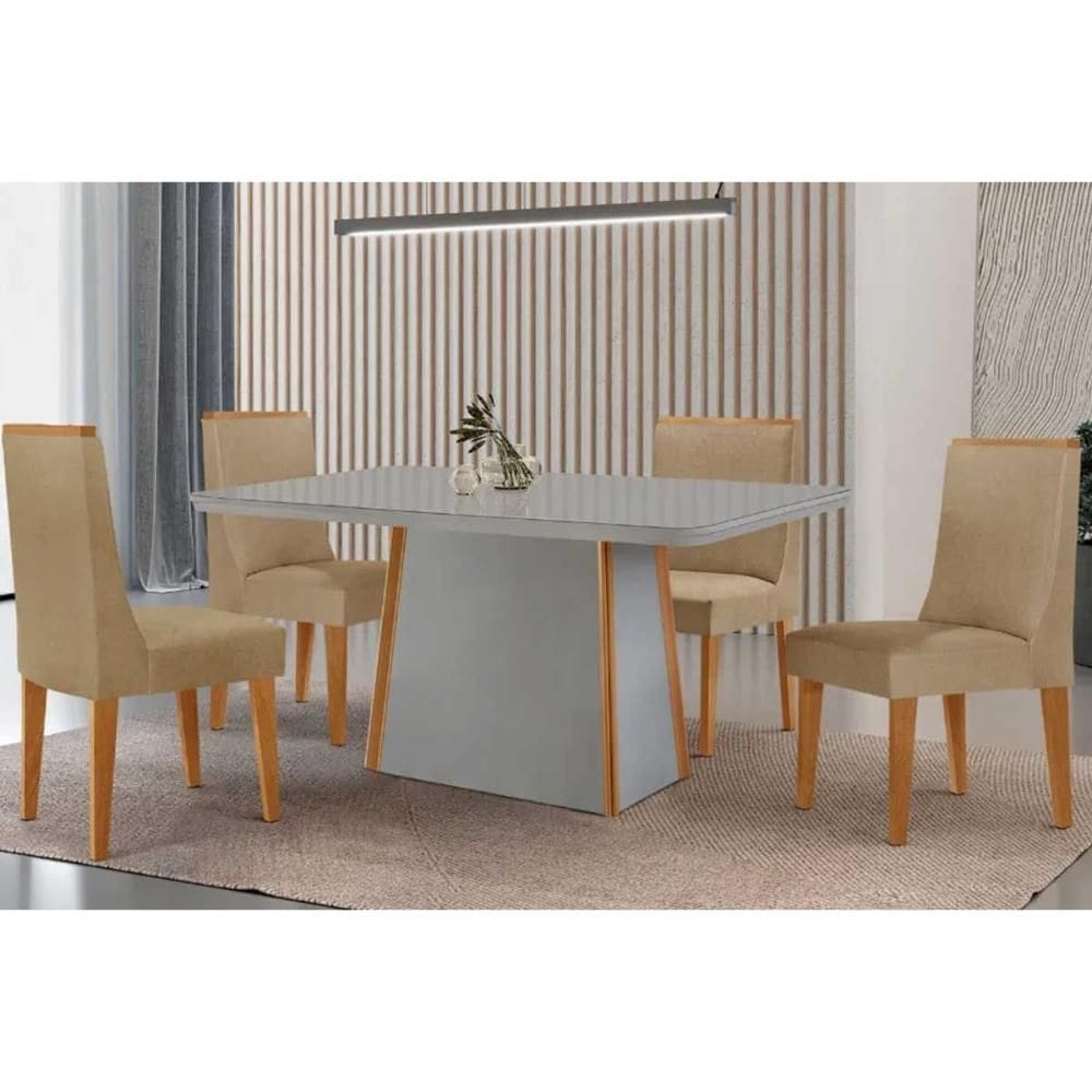 Conjunto Sala de Jantar Tilia c/ Tampo Madeirado c/ Vidro Canto Curvo 120x80cm e 4 Cadeiras Dakota Madeira Maciça Naturale/Off White - Capuccino/Linho