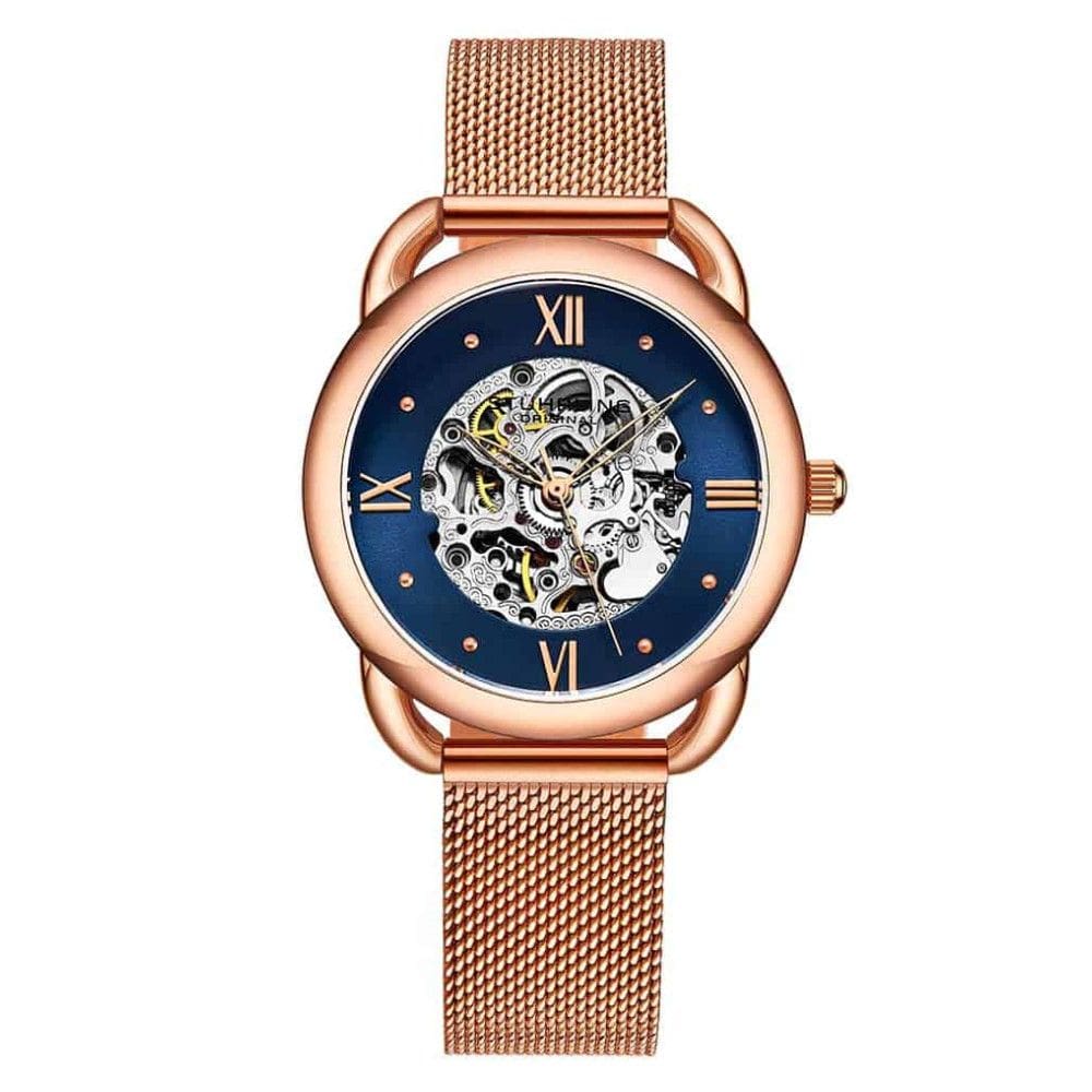 Relgio Stuhrling 3990M Automtico 36mm, mostrador azul, pulseira em ao inox rosa com fivela dobrvel em camadas de ouro rosa.
