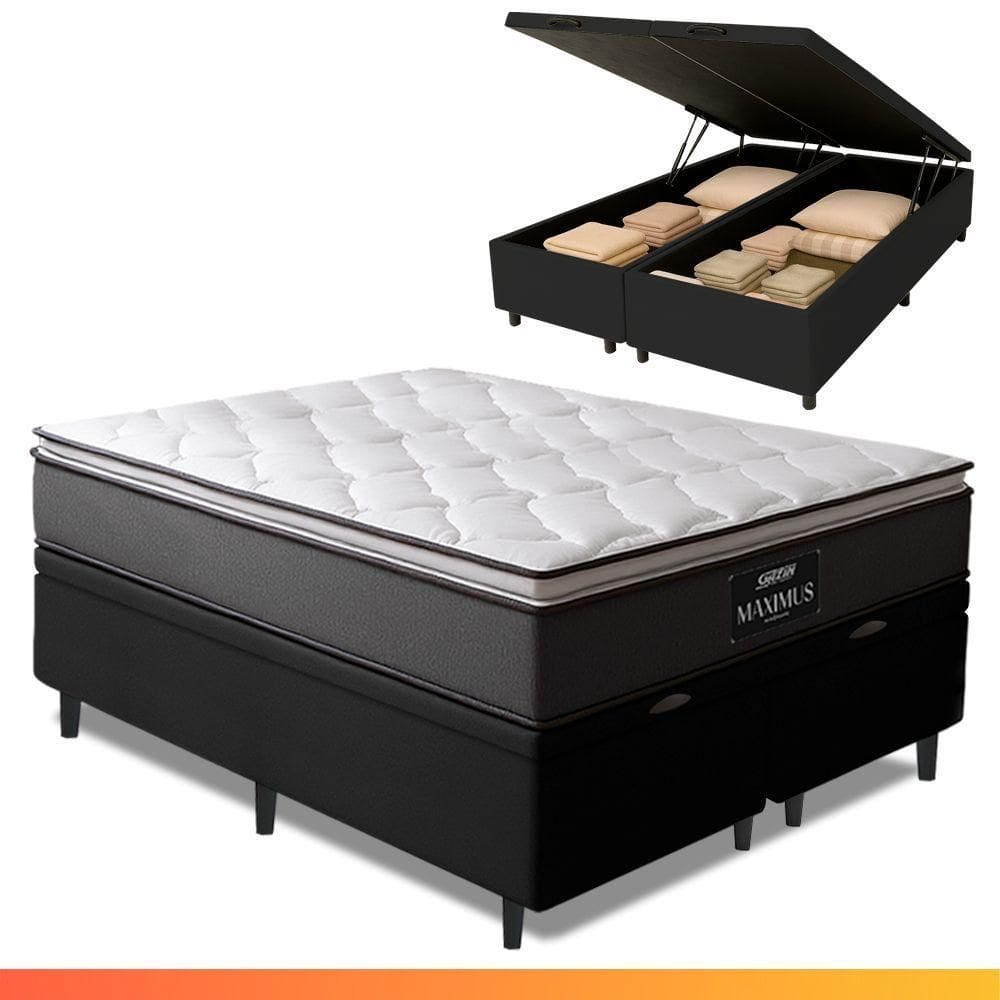 Cama Box Baú Casal Queen Colchão Molas Ensacadas Pillow Top Maximus 158x198x69cm Cinza/Preto Gazin Cinza/Branco