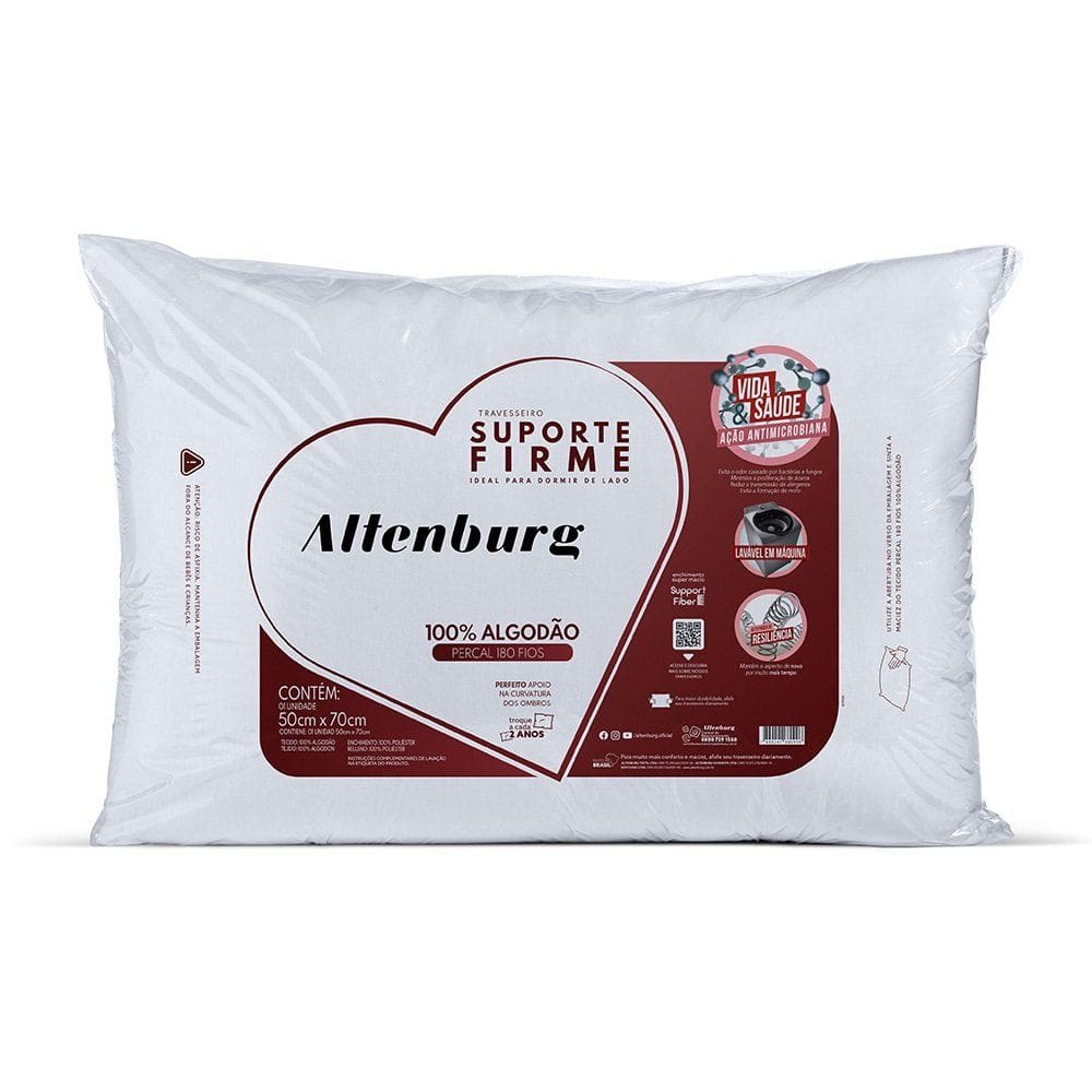 Travesseiro Suporte Firme 180 Fios Lavável 50x70cm - Altenburg - Firme