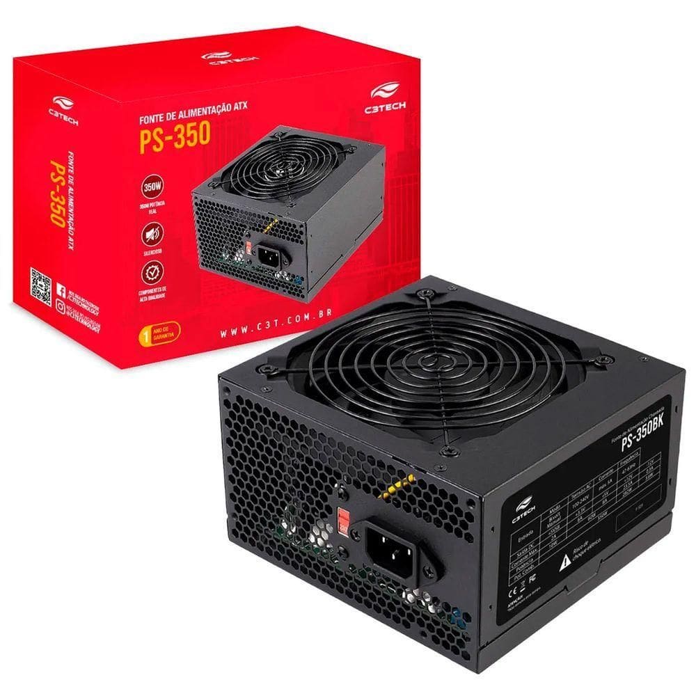 Fonte Atx C3tech Ps-350bk, 350w Real, Bivolt Manual, Funcionamento Silencioso, Cooler 120mm - Preto