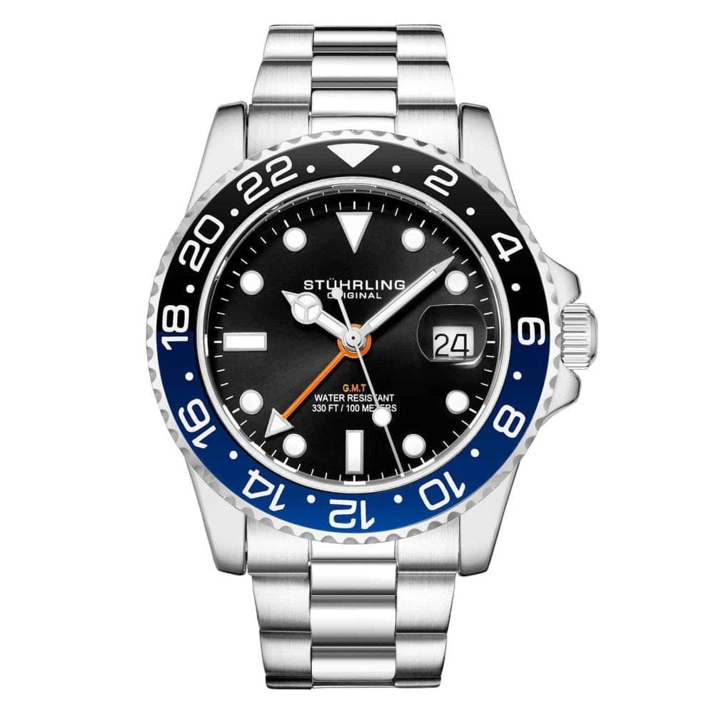 Relgio Masculino Meridian 3965 42mm Mostrador Preto e Pulseira de Ao Inox Prateada com Fivela de Implantao - Stuhrling