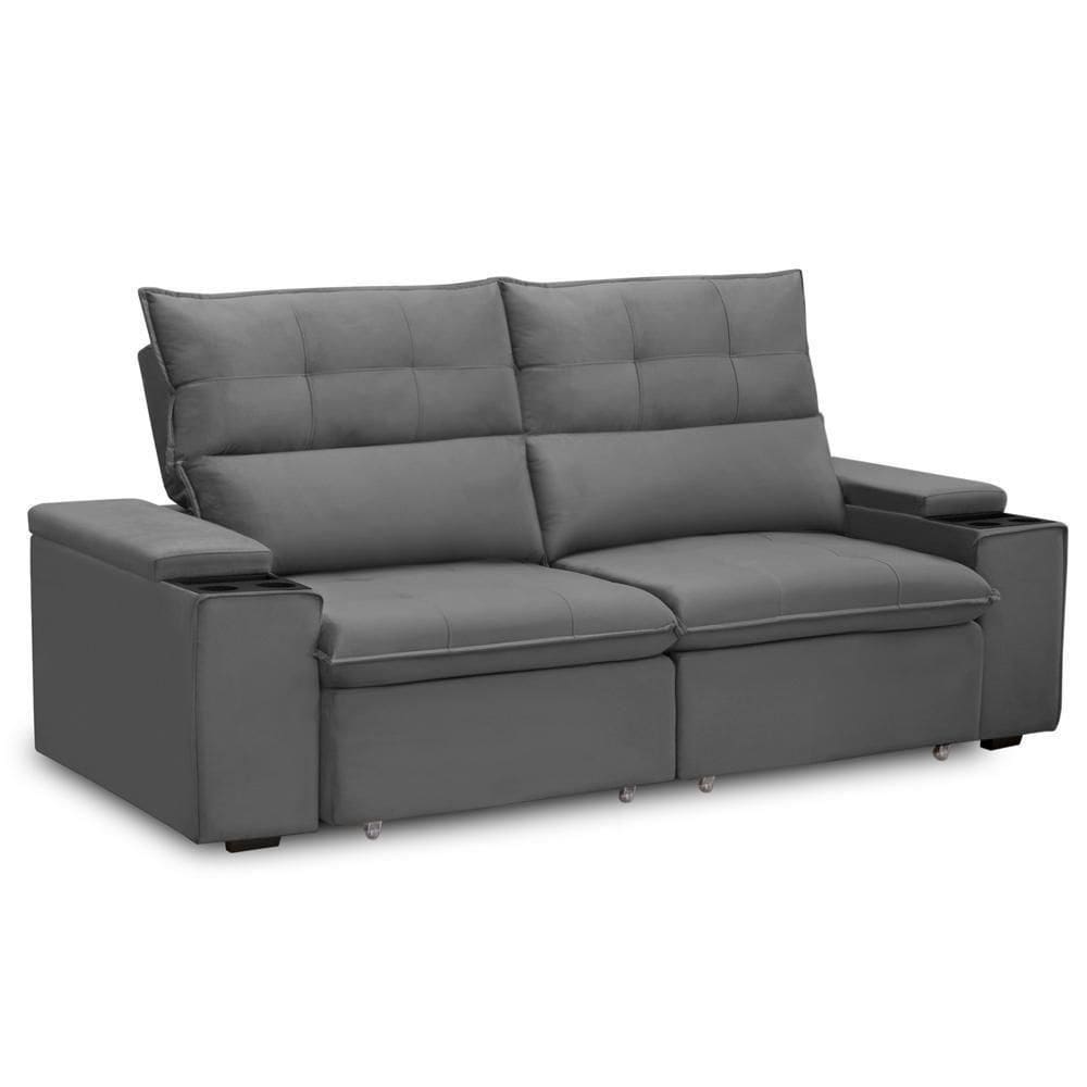 Sofá Retrátil Reclinável Para Sala 3 Lugares 210cm Niels F04 Veludo Cinza Escuro - Lyam Decor