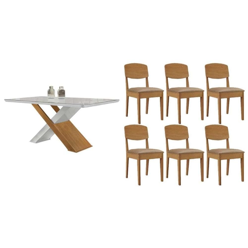 Sala de Jantar Completa Imperatriz c/ Tampo Madeirado c/ Vidro Canto Curvo 180X90cm e 6 Cadeiras Havana Naturale/Off White - Corano Capuccino - Rufato