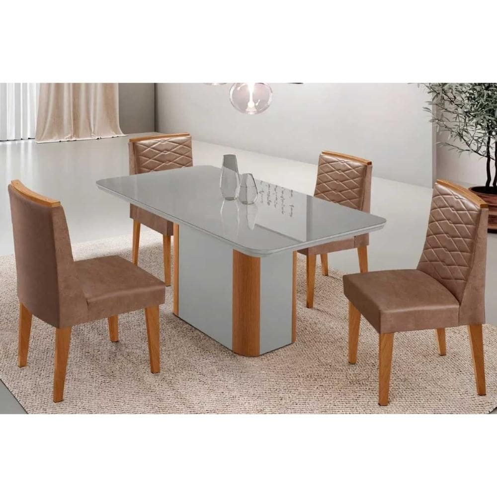 Conjunto Sala de Jantar Pietá c/ Tampo Madeirado c/ Vidro Canto Curvo 120x80cm e 4 Cadeiras Maldivas Madeira Maciça Naturale/Off White - Capuccino/Cor