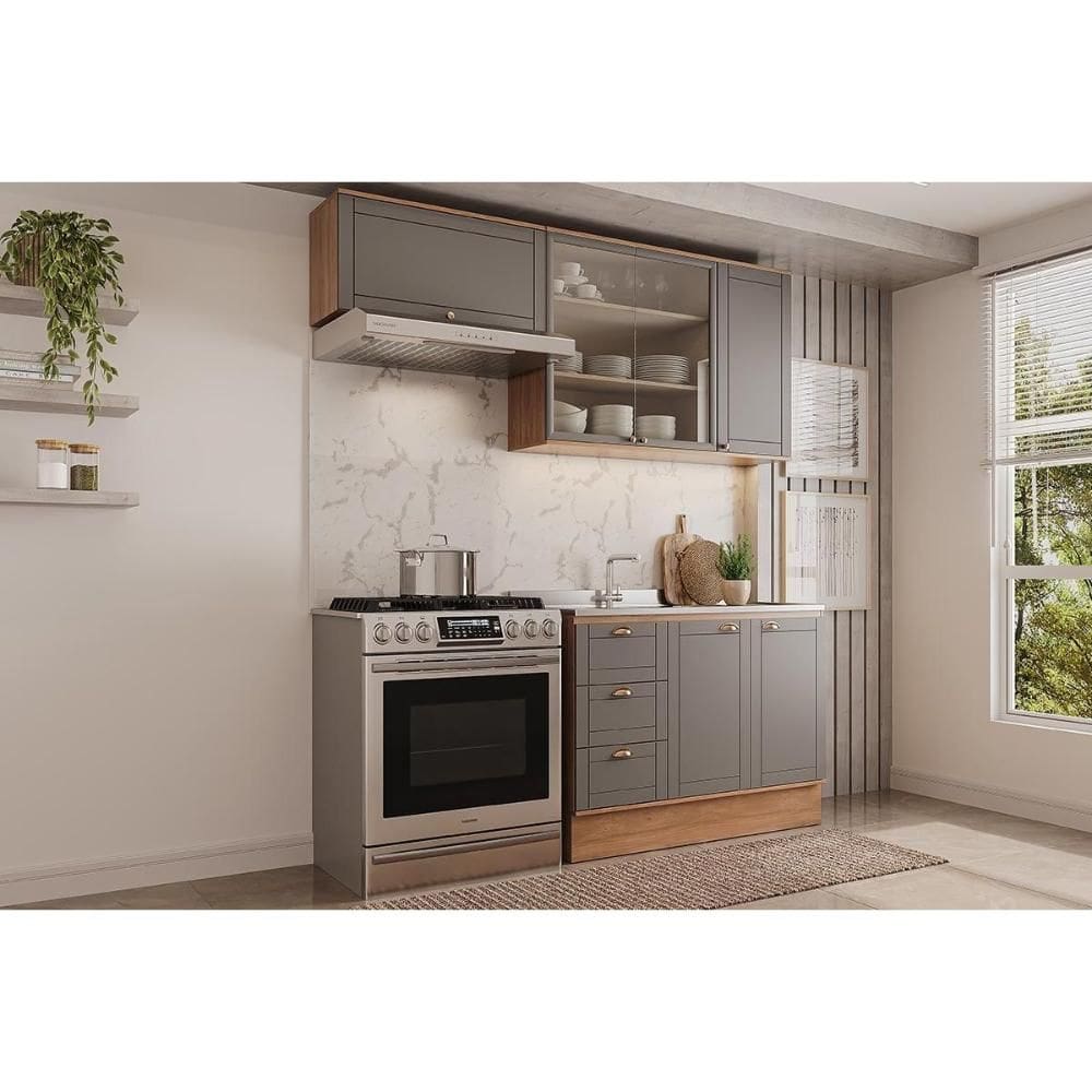 Cozinha Completa Bella 3 Peças (2Aéreos+1Balcão) C3P25 Nogal/Cinza - Carraro