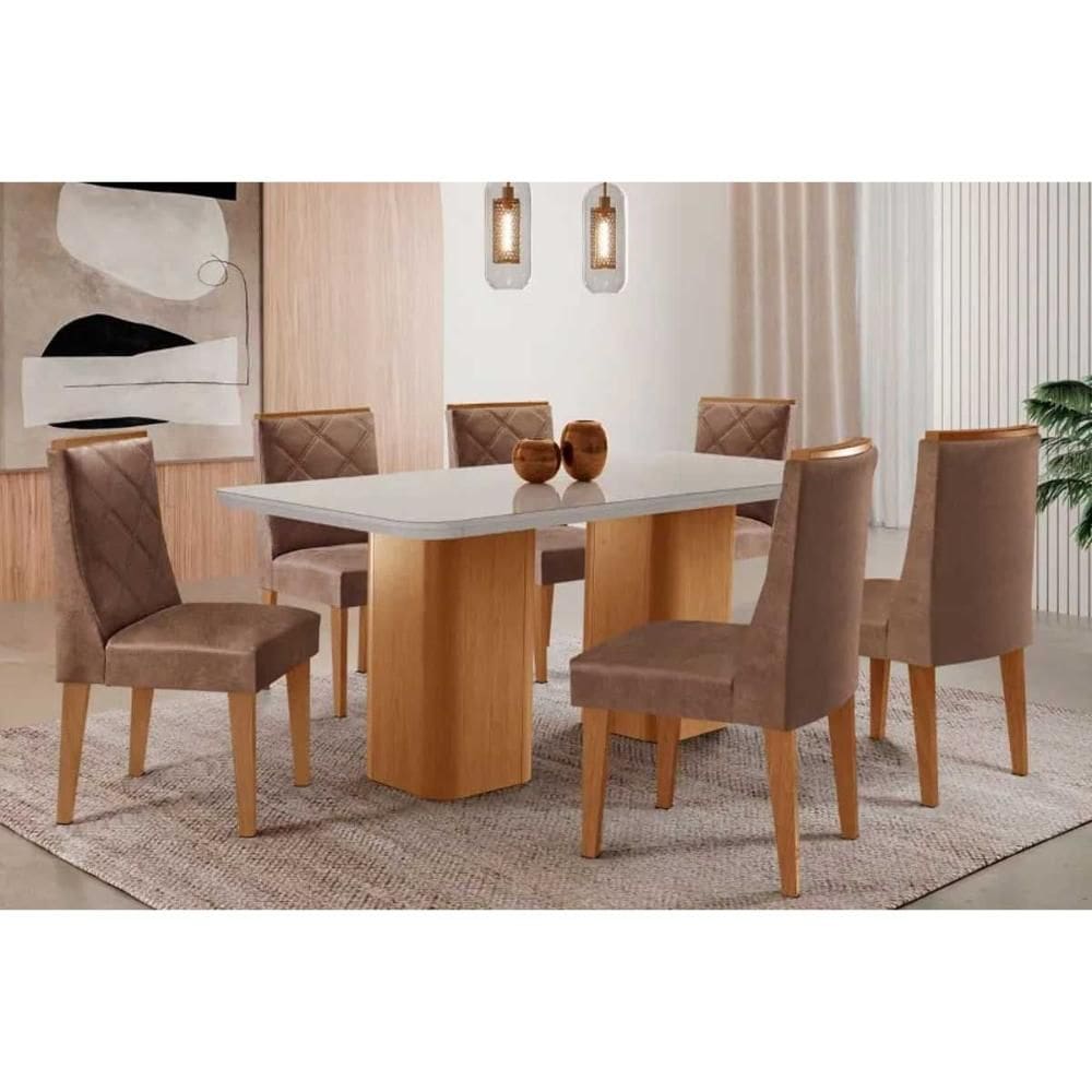 Sala de Jantar Completa Maldivas c/ Tampo Madeirado c/ Vidro Canto Curvo 180x90cm e 6 Cadeiras Pietá Naturale/Off White - Corano Capuccino - Rufato