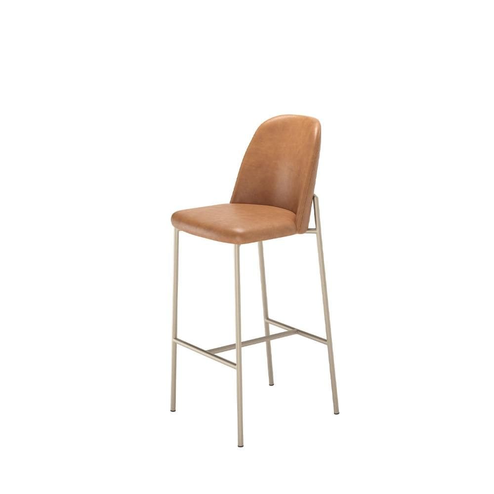 Banqueta Alta de Aço Estofada Lucille - Champanhe c/ PU Caramelo