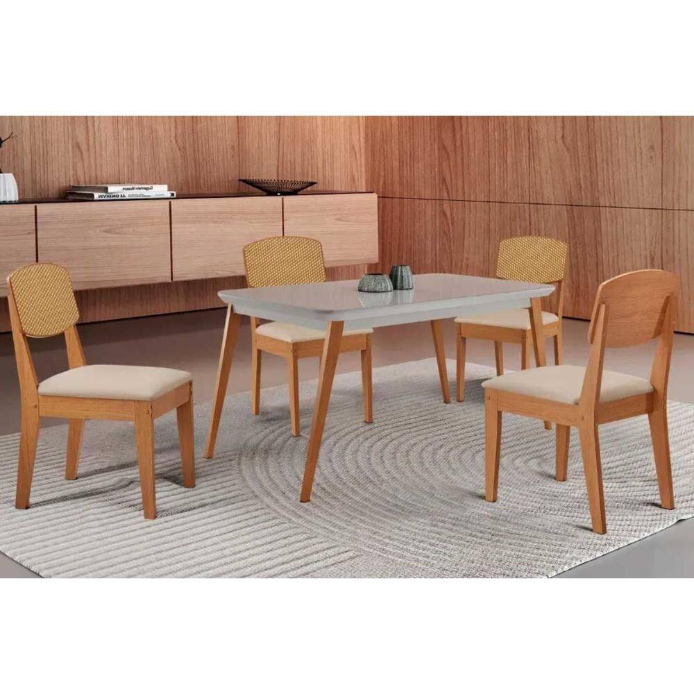 Sala de Jantar Completa Havana c/ Tampo Madeirado c/ Vidro Canto Curvo 120x80cm e 4 Cadeiras Havana Premium Naturale/Off White - Suede Creme - Rufato