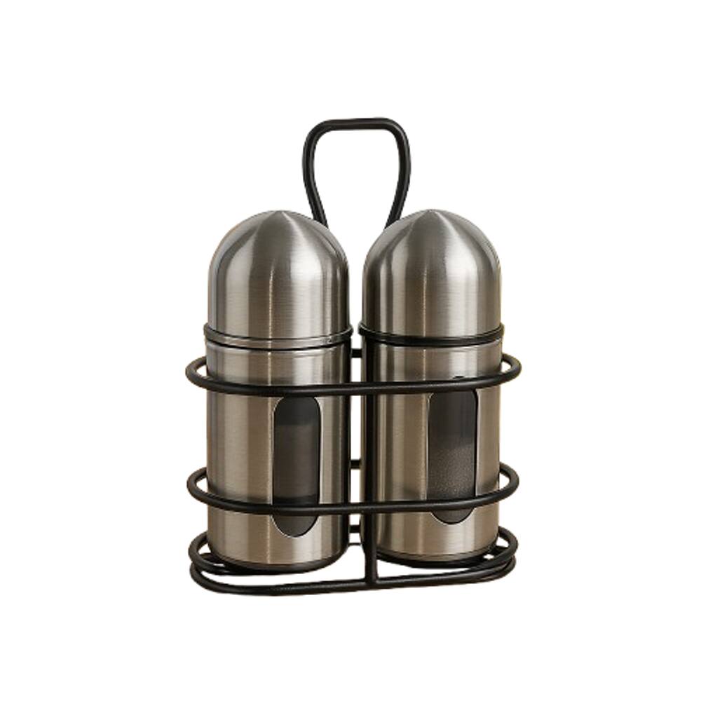 Saleiro e Pimenteiro de Vidro e Aço Escovado com Suporte de Metal 80ml - Jolitex MEK - Preto