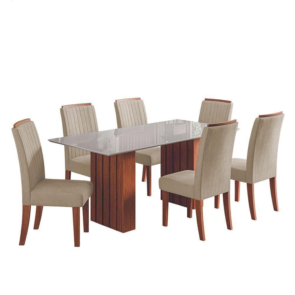 Conjunto De Mesa Sala De Jantar Ripada Tampo Com Vidro Santiago 1,80m 6 Cadeiras Grécia Dobuê Bege