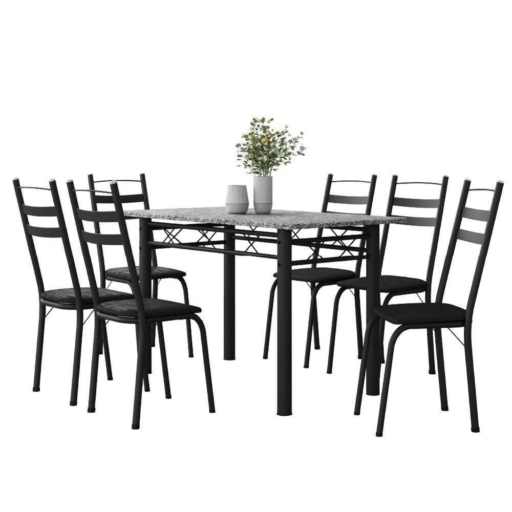 Conjunto De Mesa Sala De Jantar Leia Com 6 Cadeiras Tubular Granito 1,40m Artefamol Preto
